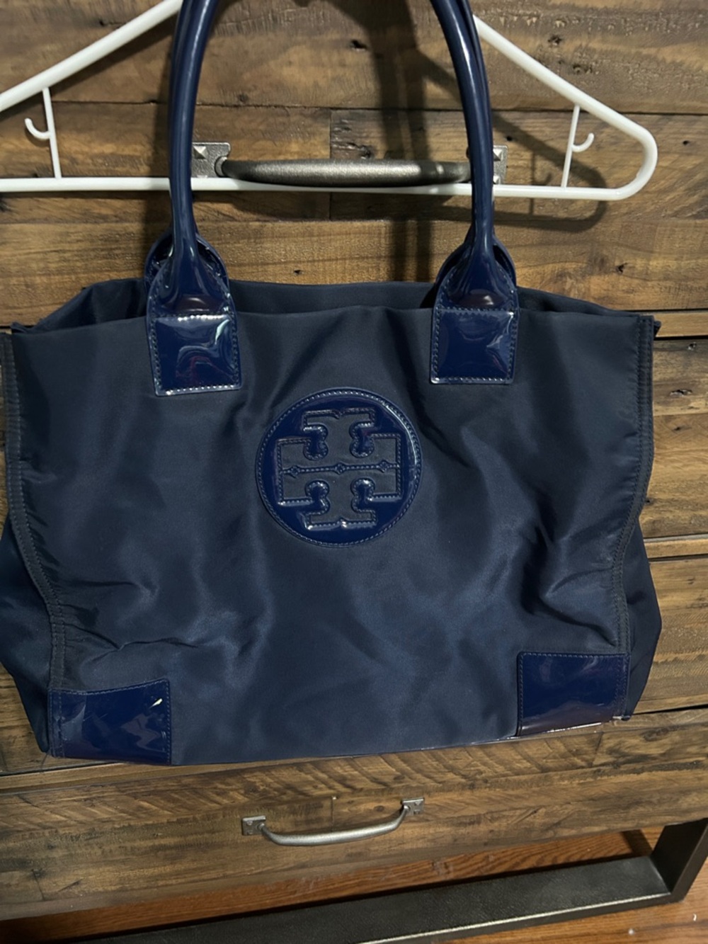 Tory Burch Ella Navy Logo Tote with Patent Trim. Work/diaper/overnight bag
